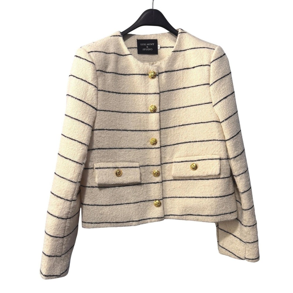 Luxi Aunt & Studio Cream Striped Tweed Jacket Gold Crest Button Boucle Size M